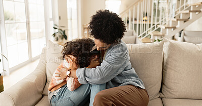 Buy stock photo Mother, child and sad on sofa with comfort for mental health support, depression and parenting in living room of home. Family, mom and girl kid or hug with regret for conflict, argument or punishment