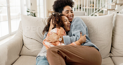 Buy stock photo Happy, family hug and mother on sofa at home with smile, living room and bonding together with love. Care, joke and lounge with child and relax with couch and laughing from new house with fun