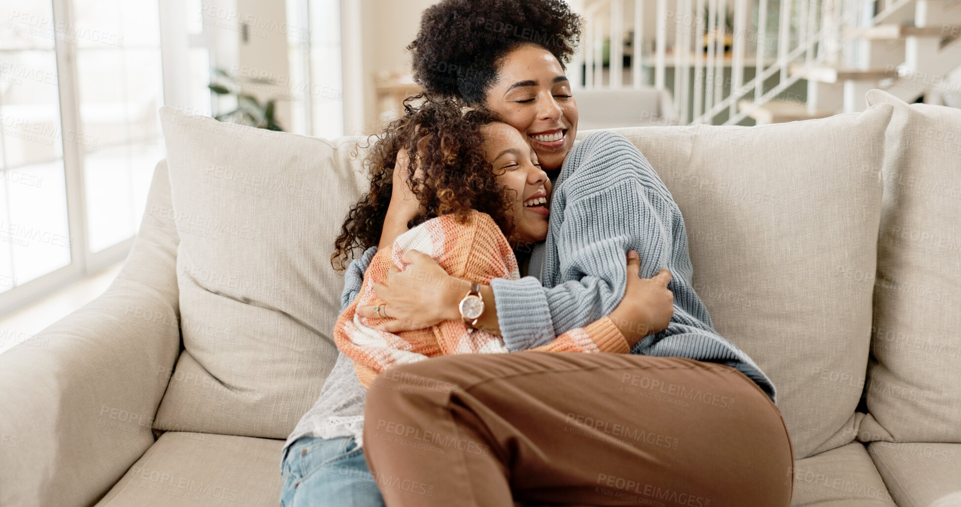 Buy stock photo Happy, family hug and mother on sofa at home with smile, living room and bonding together with love. Care, joke and lounge with child and relax with couch and laughing from new house with fun