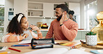 Girl, high five and kitchen for education, learning and growth for future or knowledge. Father, student and kitchen for help, studying or support or home school for development or coloring assessment