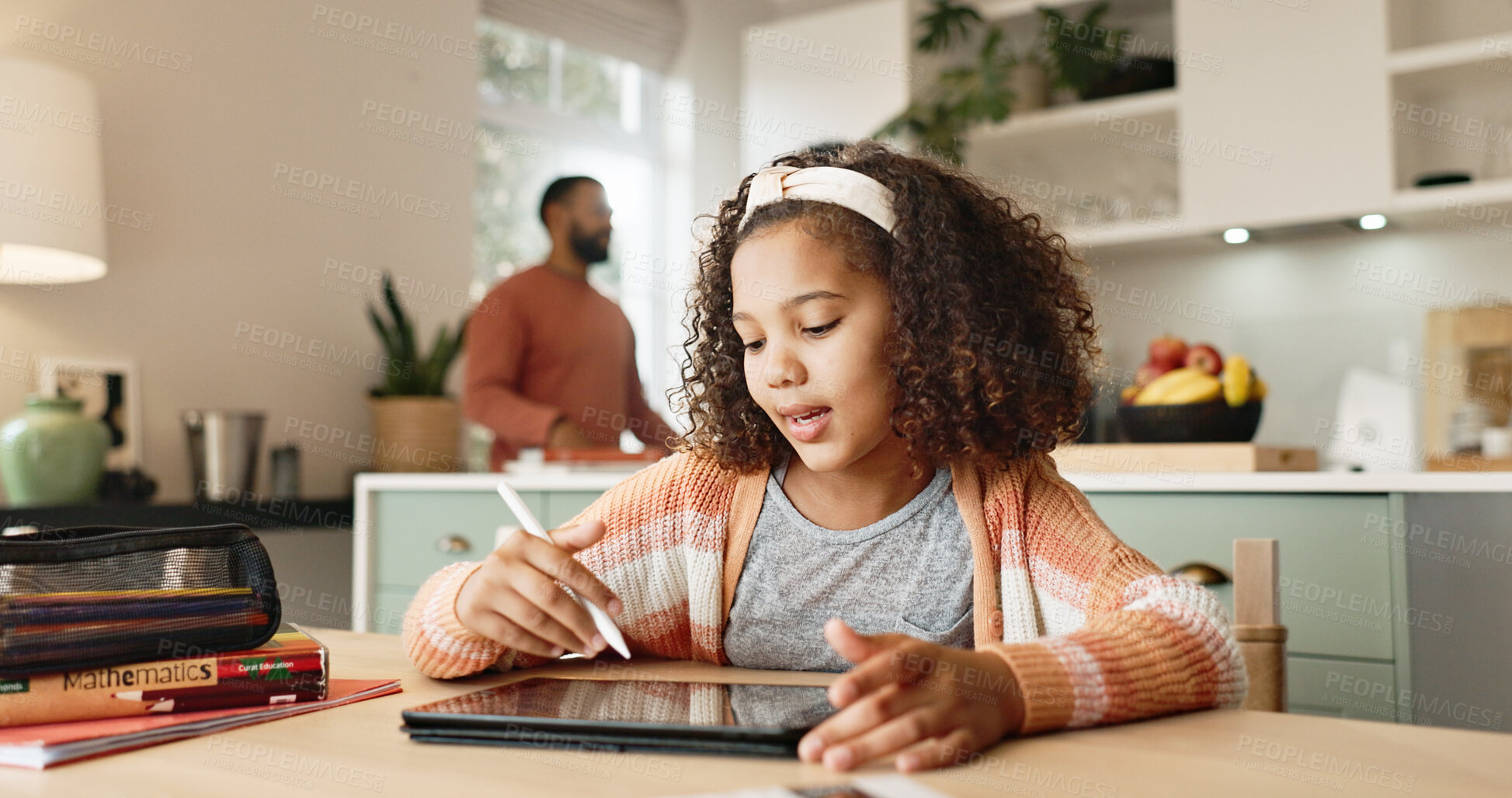 Buy stock photo Girl child, home and drawing on tablet for homeschool, learning and growth or development of motor skills with digital art. Kid, creativity and sketch online for handwriting practice and education.