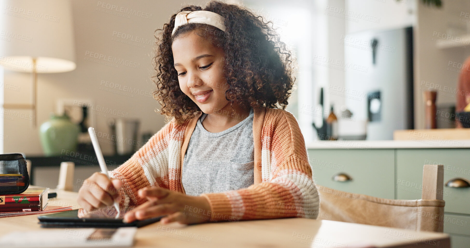 Buy stock photo Girl child, home and sketch on tablet for homeschool, learning and growth or development of motor skills with digital art. Kid, creativity and drawing online for handwriting practice and education.