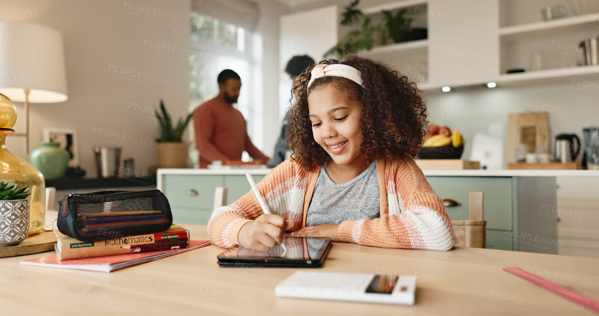 Buy stock photo Girl kid, house and writing on tablet for homeschool, learning and growth or development of motor skills with digital art. Child, creativity and drawing online for handwriting practice and education.