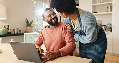 Buy stock photo Couple, man and woman with laptop on table for web research, reading blog and learning with support in home. Love, dating and male person with tech on desk for internet connection and online shopping