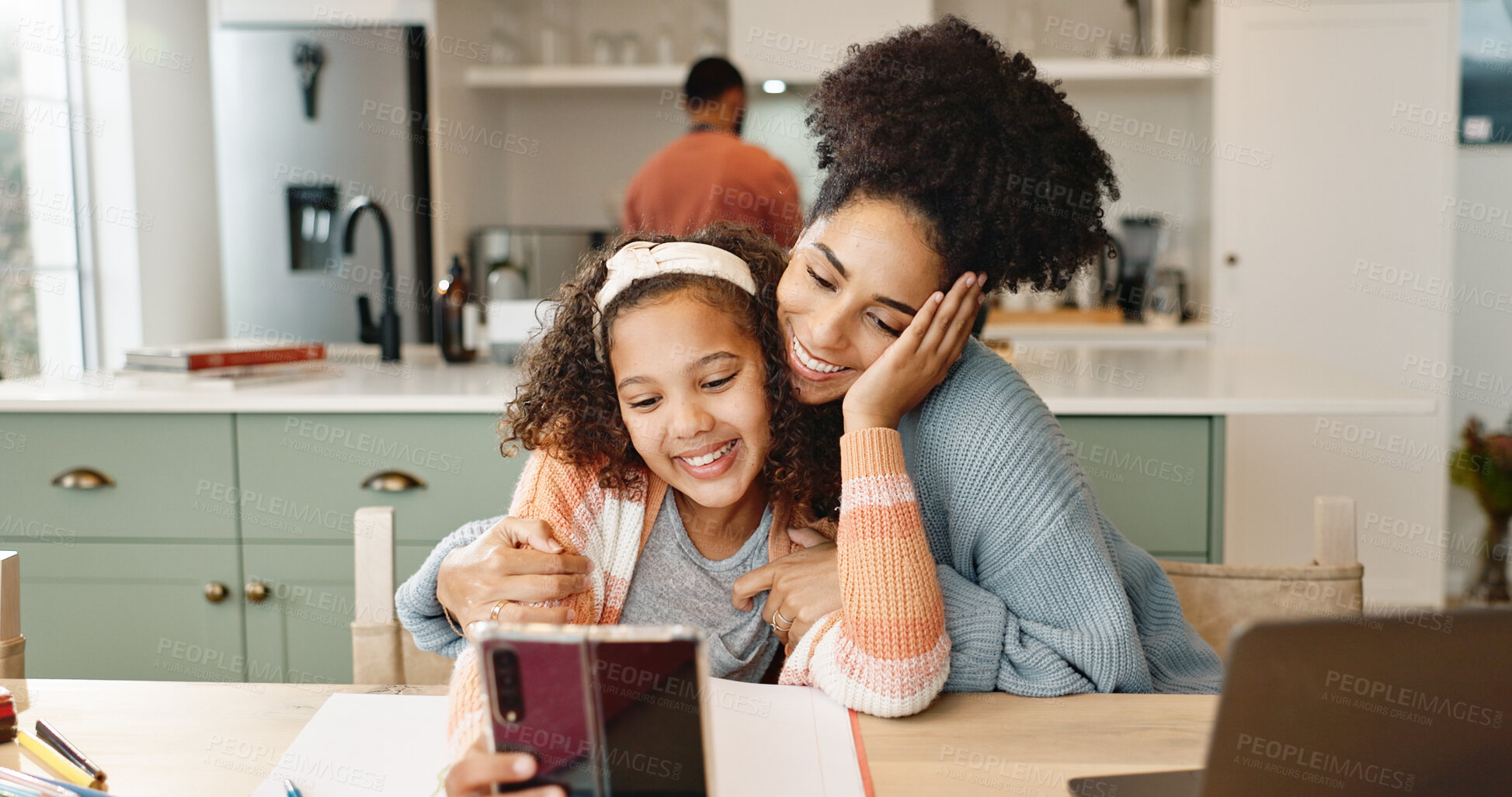 Buy stock photo Mom, girl and smile in home with selfie for childhood memory, connection and bonding with love or affection. Mother, child and together with photography for social media, profile picture and content.