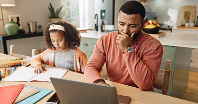 Buy stock photo Father, laptop and homework of child in house for multitasking parent at kitchen table, deadline or learning. Man, daughter and online research or remote work with girl education, freelance or career