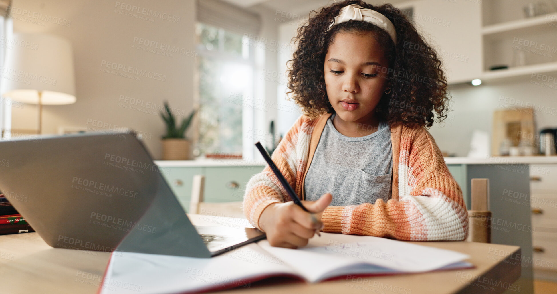 Buy stock photo Girl child, education and writing with laptop for online learning in home, digital application and literature for growth or development. Kid, internet and virtual class for homeschooling and website.