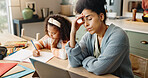 Mother, laptop and frustrated for education, learning and growth for future or knowledge. Girl, student and kitchen for help, studying or support or home school for development or writing assessment