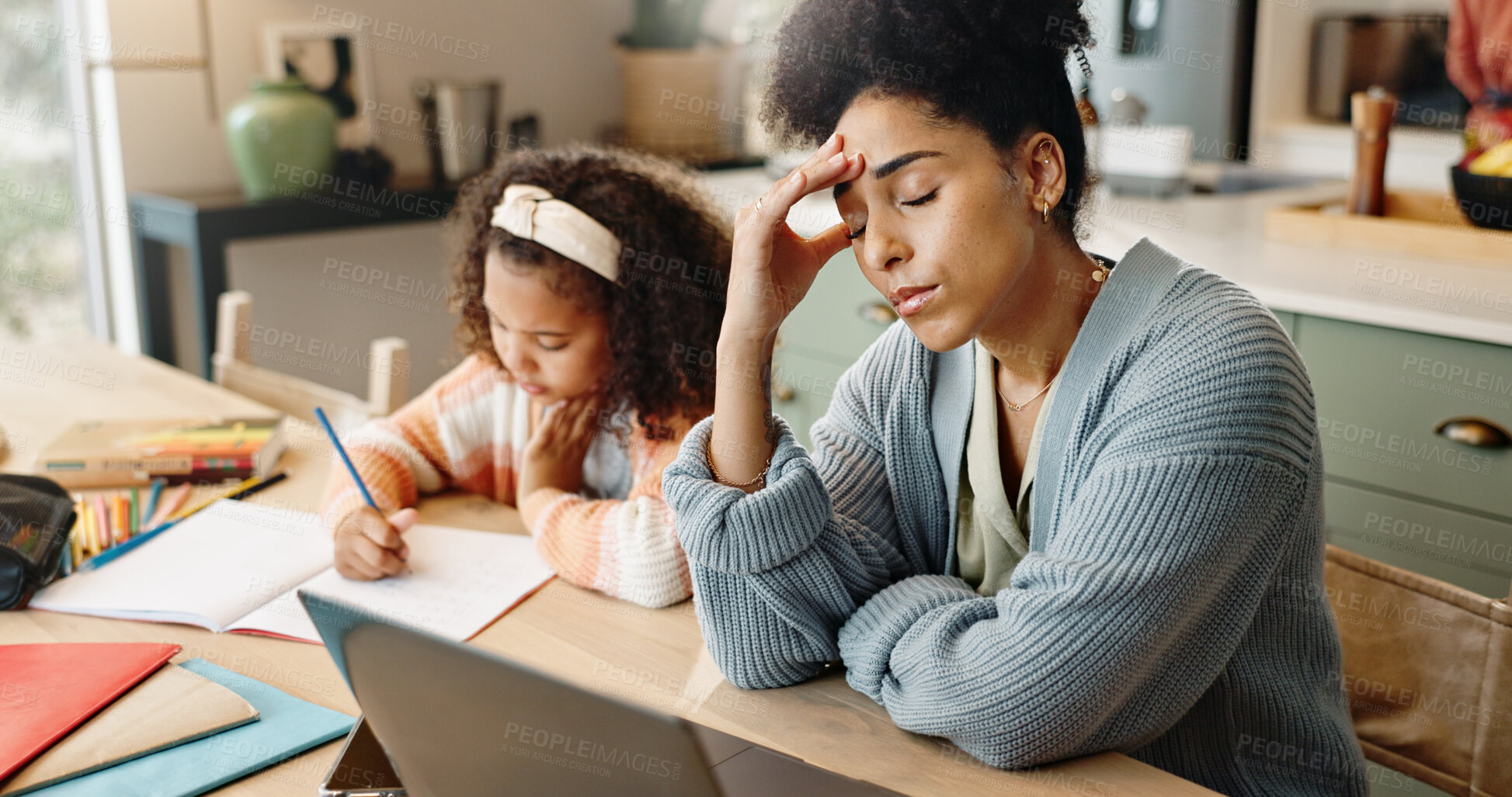 Buy stock photo Mother, laptop and frustrated for education, learning and headache for future or knowledge. Girl, student and kitchen for stress, anxiety or support for home school or development with assessment