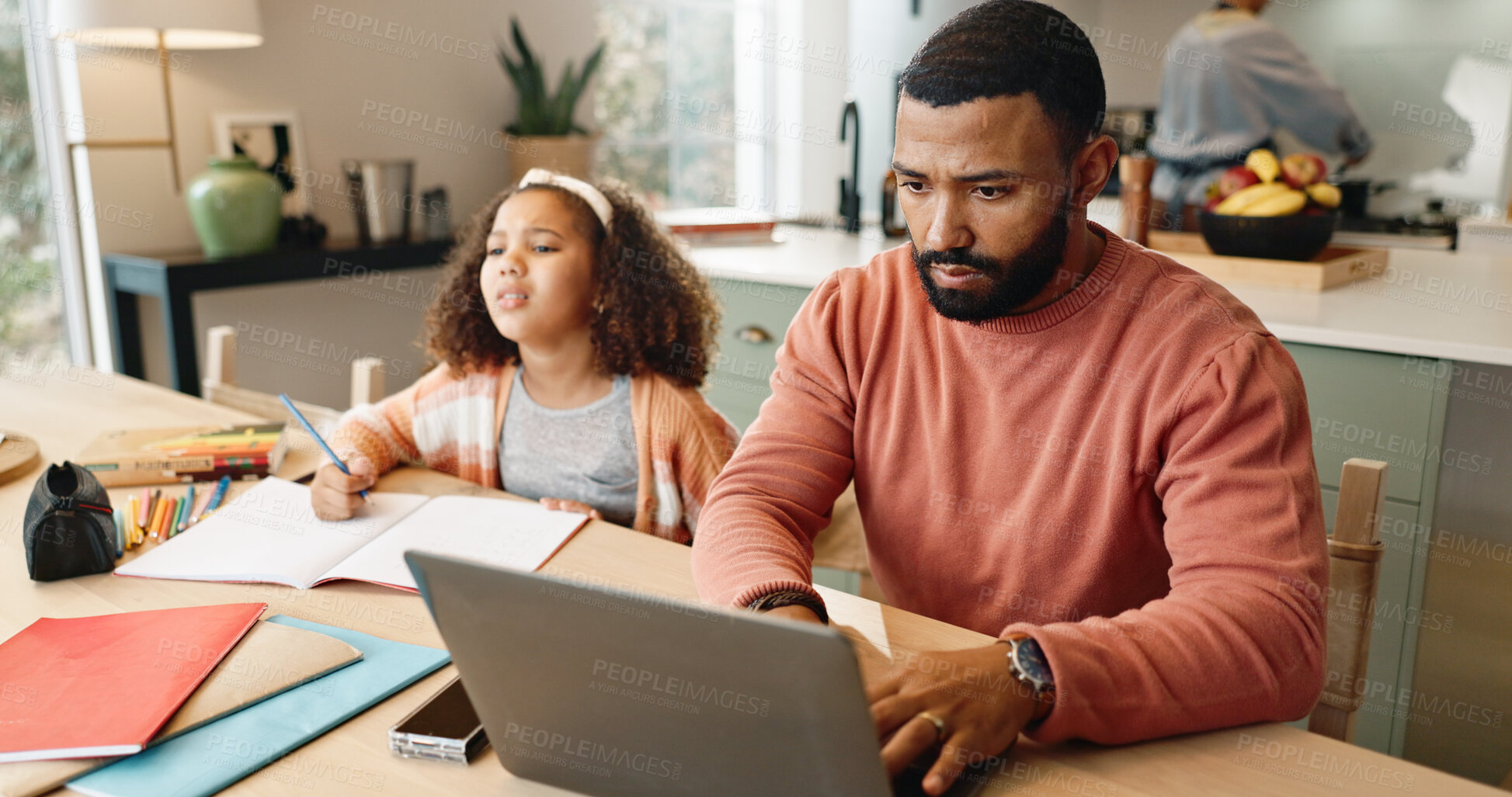 Buy stock photo Father, laptop and child homework or online research as multitasking parent, deadline or learning. Man, daughter and youth education or family study in apartment kitchen, remote work or notebook