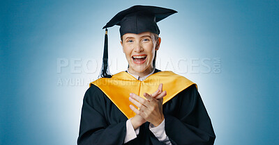 Buy stock photo Graduation woman and portrait with applause, happy and smile from student achievement in studio. Congratulations, university student and award with study scholarship, learning and pride from event