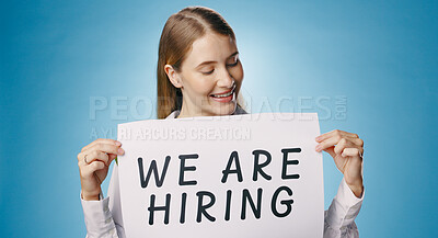 Buy stock photo Woman, happy and studio or hiring board, businesswoman and onboarding advertisement sign. Job opportunity, employee recruitment and professional with billboard, career and mock up with offer