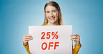 Poster, sale and portrait of happy woman on blue background for news, announcement and information. Shopping, advertising and person with banner or sign for price discount, deal and bargain in studio