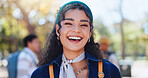 Woman, laugh and student portrait with phd and campus at university ready for learning, education and class. Study, academy and happy post graduate candidate at college with backpack outdoor in park