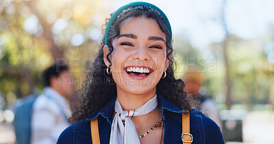 Buy stock photo Woman, laugh and student portrait with phd and campus at university ready for learning, education and class. Study, academy and happy post graduate candidate at college with backpack outdoor in park