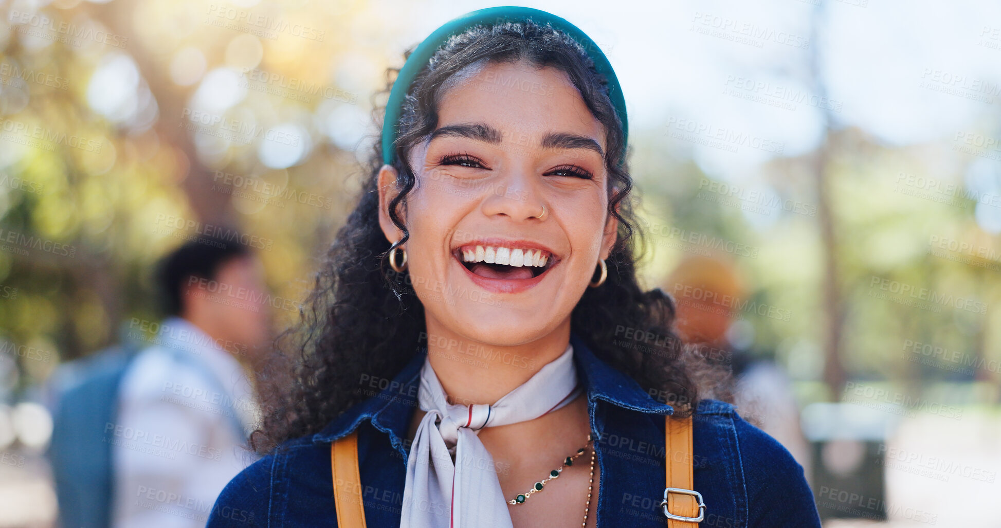 Buy stock photo Woman, laugh and student portrait with phd and campus at university ready for learning, education and class. Study, academy and happy post graduate candidate at college with backpack outdoor in park