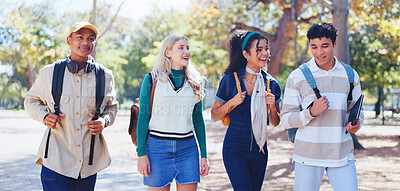 Buy stock photo Students, education and friends in university park with conversation and study talk outdoor. Happy, learning and young people with backpack, morning and urban commute to class, college and school