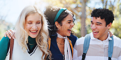 Buy stock photo Students, campus and friends joke in university park with conversation and study talk outdoor. Happy, learning and young people with backpack, morning and urban commute to class, college and school