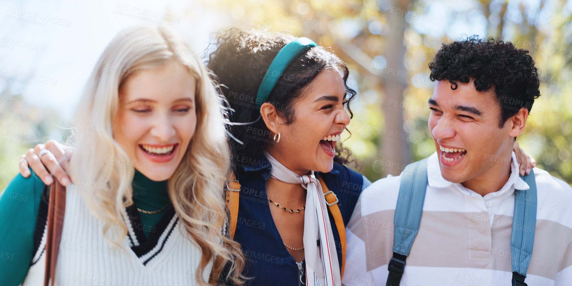 Buy stock photo Students, campus and friends joke in university park with conversation and study talk outdoor. Happy, learning and young people with backpack, morning and urban commute to class, college and school