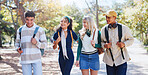 Students, campus and friends in university park with conversation and study talk outdoor. Happy, learning and young people with backpack, morning and urban commute to class, college and school