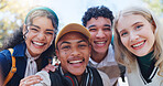 Happy friends, portrait and nature with selfie for memory, photography or capture at outdoor park. Young group of people or students with smile for picture or fun moment together at college or campus