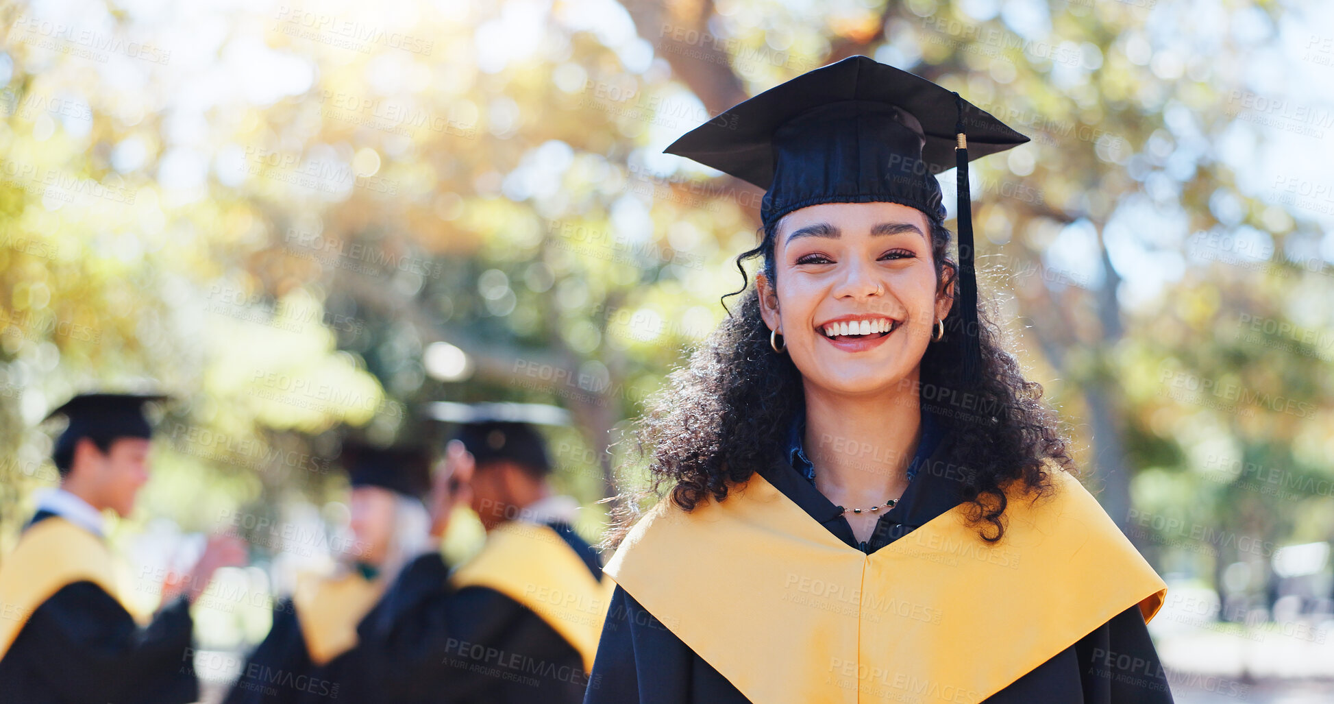 Buy stock photo Happy woman, portrait and graduation with hat in nature for outdoor ceremony, scholarship or qualification. Female person, student or graduate with smile for education or higher certificate at park