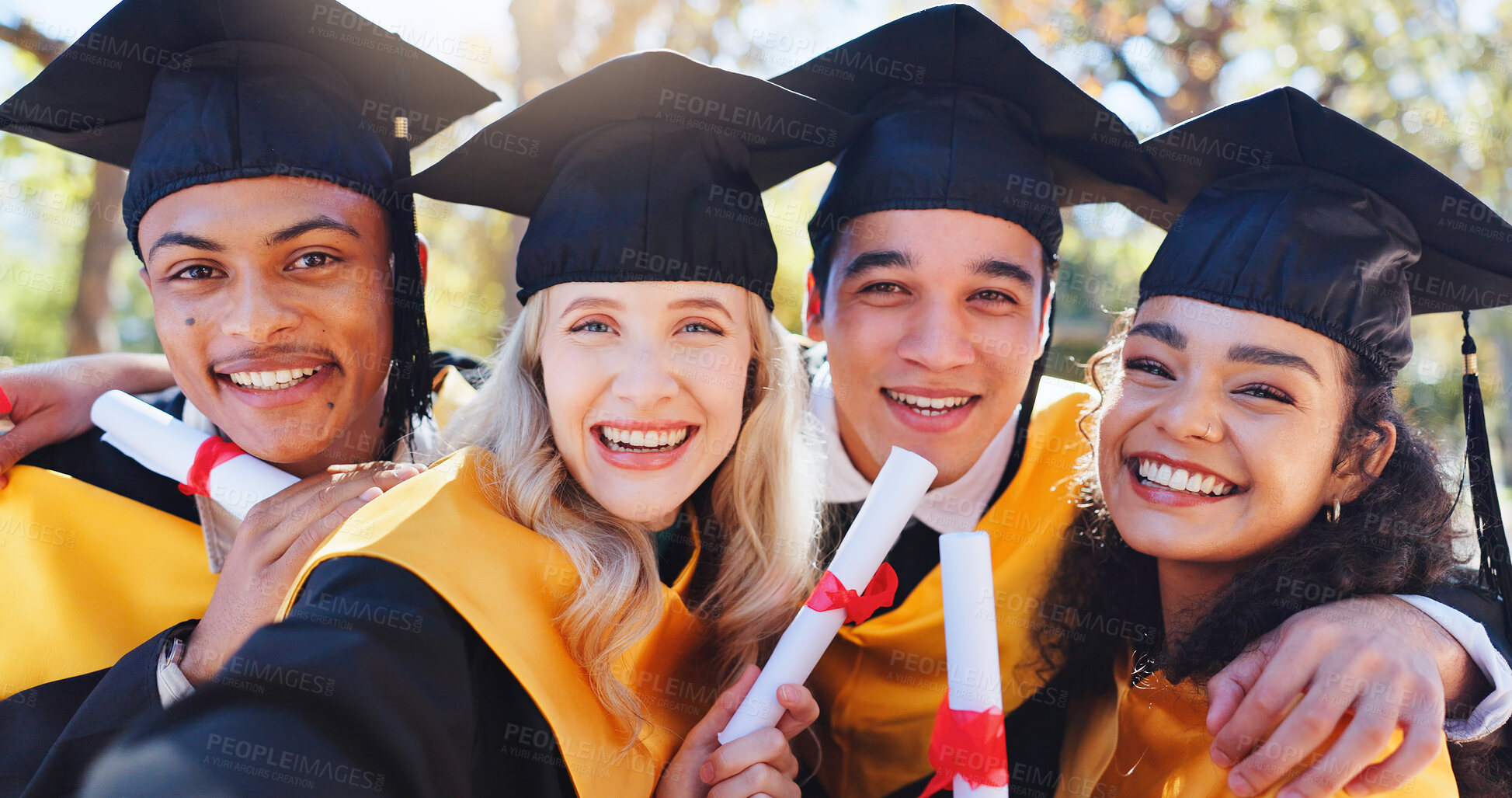 Buy stock photo Happy friends, portrait and graduation with selfie of people for celebration, photography or memory. Group of young and excited graduates or students with smile for picture, moment or qualification