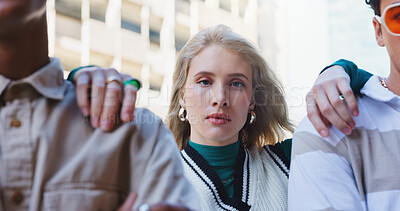 Buy stock photo Girl, students and portrait in city with fashion for university travel in urban town for education or scholarship with trendy style. People, serious and gen z friends with confidence in Amsterdam.