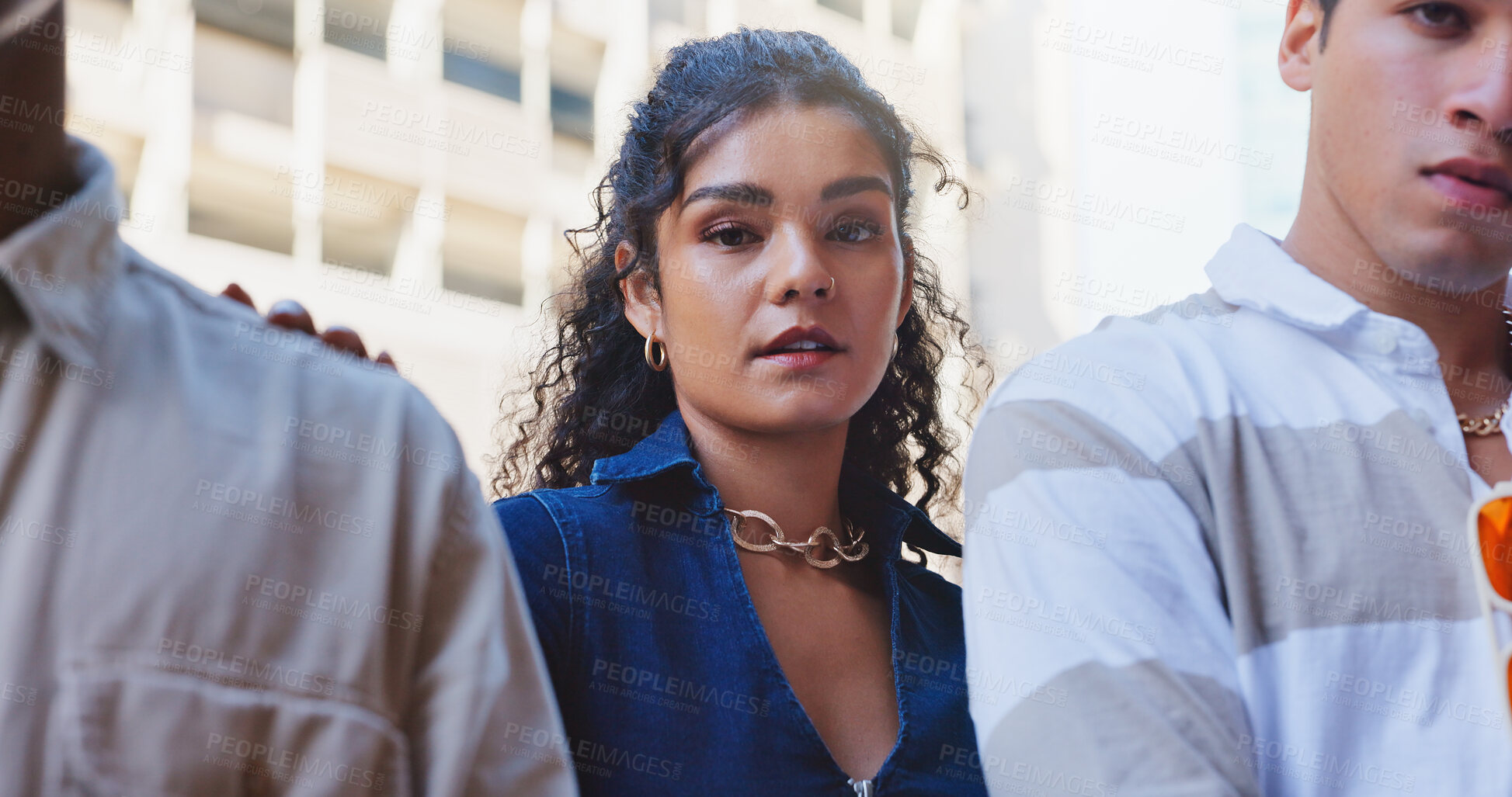 Buy stock photo Girl, friends and portrait in city with fashion for university travel in urban town for education or scholarship with trendy style. People, serious and gen z students with confidence in Amsterdam.