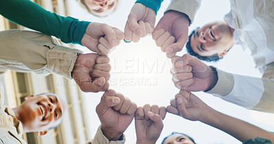 Buy stock photo Fist bump, low angle and friends with fashion, circle and support for motivation, smile and happiness. Mockup space, group or people in city, hand gesture or trendy with teamwork, confidence or style