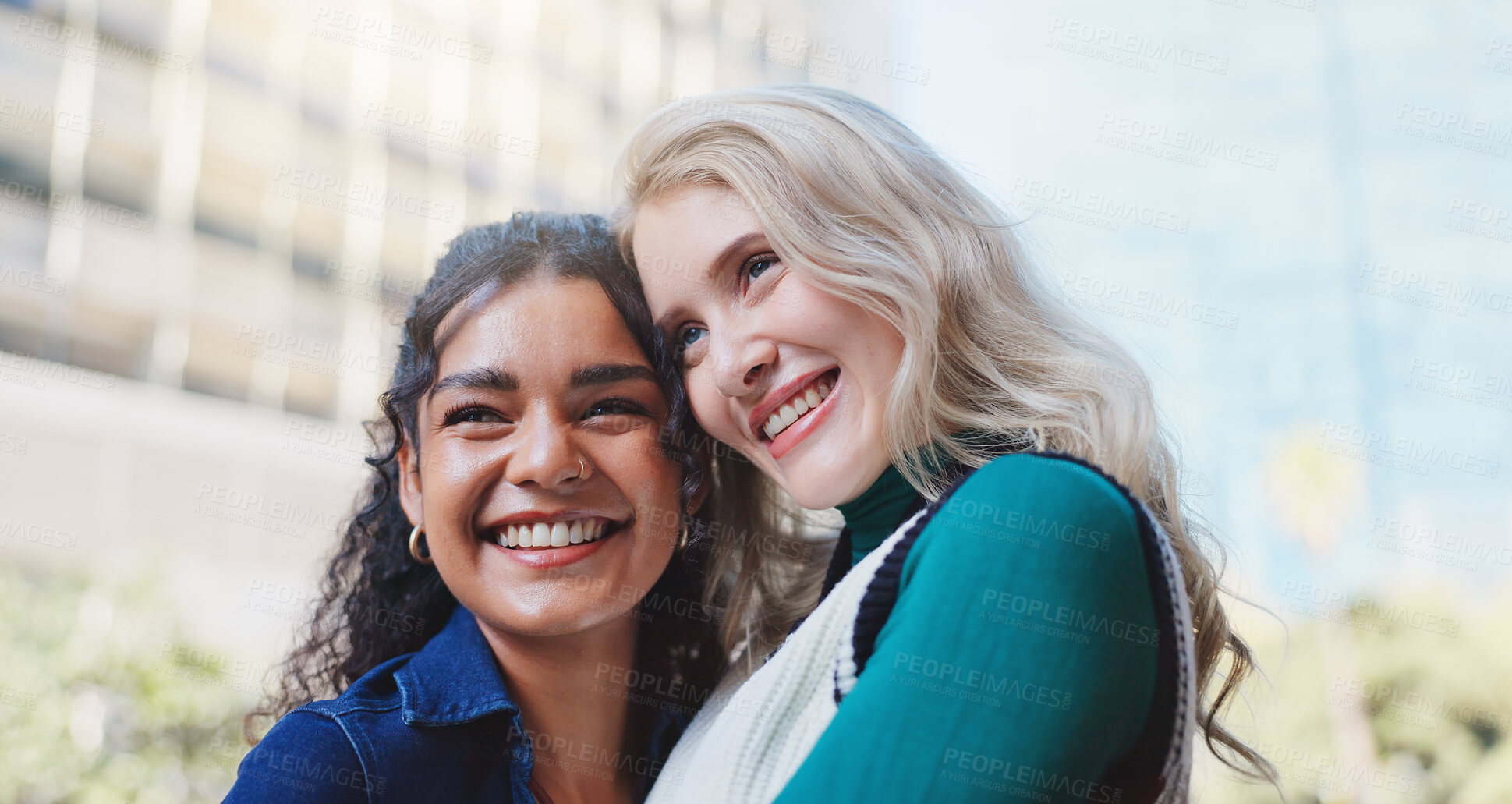 Buy stock photo Happy, women and students in urban city for travel to college campus together for university education. Smile, female people and friends in hug for support and bonding outdoor for morning commute