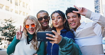 Buy stock photo Happy friends, fashion and peace sign with selfie in city for memory, photography or outdoor moment together. Group of young people with smile in stylish clothing, picture or capture in an urban town