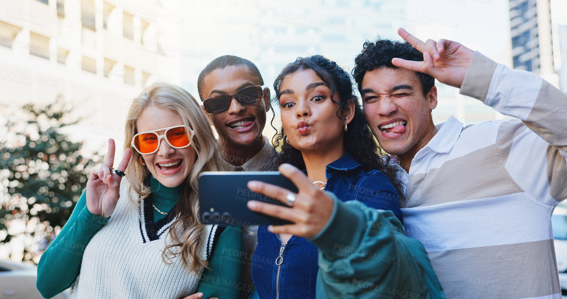 Buy stock photo Happy friends, fashion and peace sign with selfie in city for memory, photography or outdoor moment together. Group of young people with smile in stylish clothing, picture or capture in an urban town