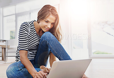 Buy stock photo Home, relax and woman on floor with laptop, streaming subscription, watching movies and films. Apartment, female person and computer for website, networking and romance series with smile in house