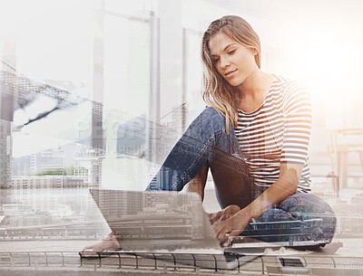 Buy stock photo Happy, woman and double exposure with city background, laptop and mobile for remote work in home office. Smile, female person and student with computer on floor for distance learning and education