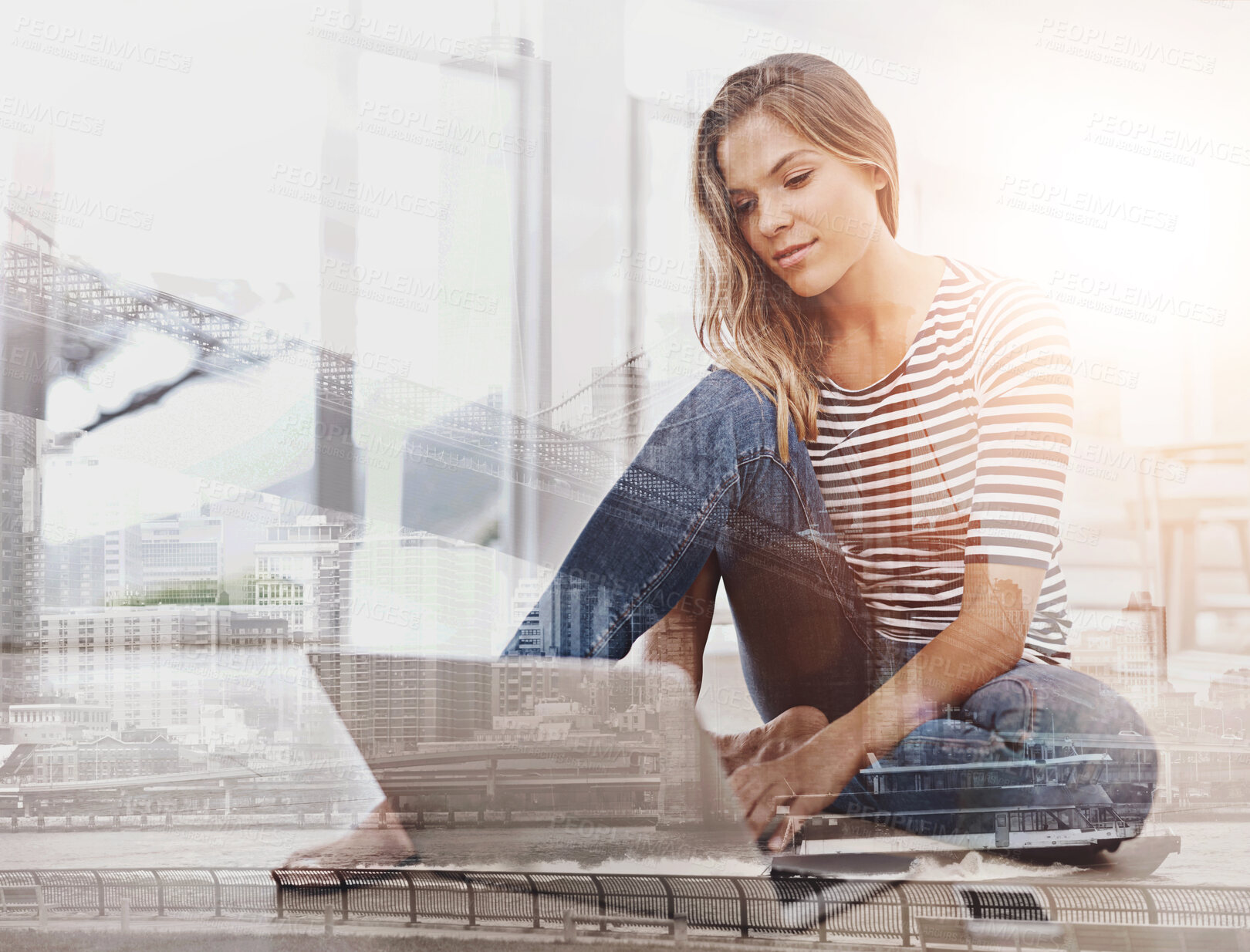 Buy stock photo Happy, woman and double exposure with city background, laptop and mobile for remote work in home office. Smile, female person and student with computer on floor for distance learning and education