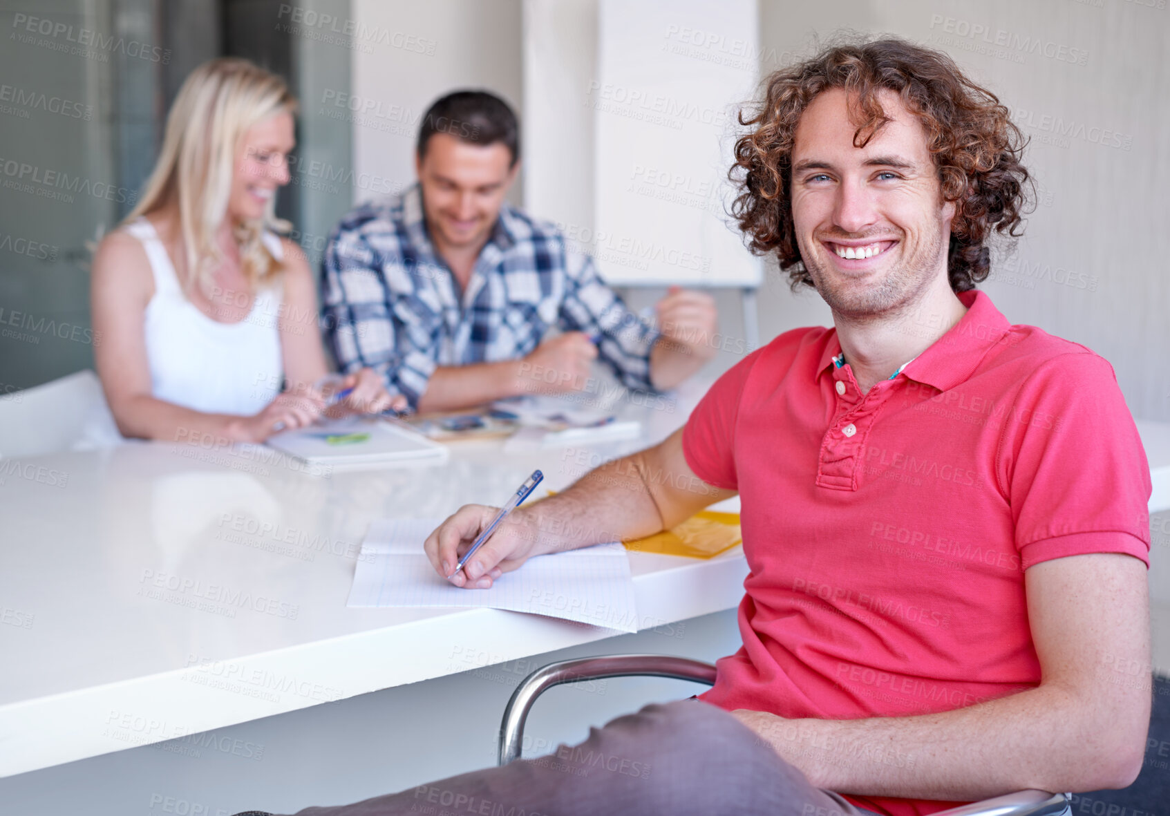 Buy stock photo Happy man, coworking or portrait of creative entrepreneur writing notes or ideas for business. Face, confident designer and male employee at desk working at startup job or career at company or office