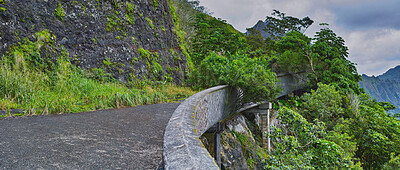 Buy stock photo Mountain, road or bridge with countryside nature for holiday vacation scenery in Sweden or forest. Background, natural or street for journey, travel or outdoor adventure with woods, trees or tourism