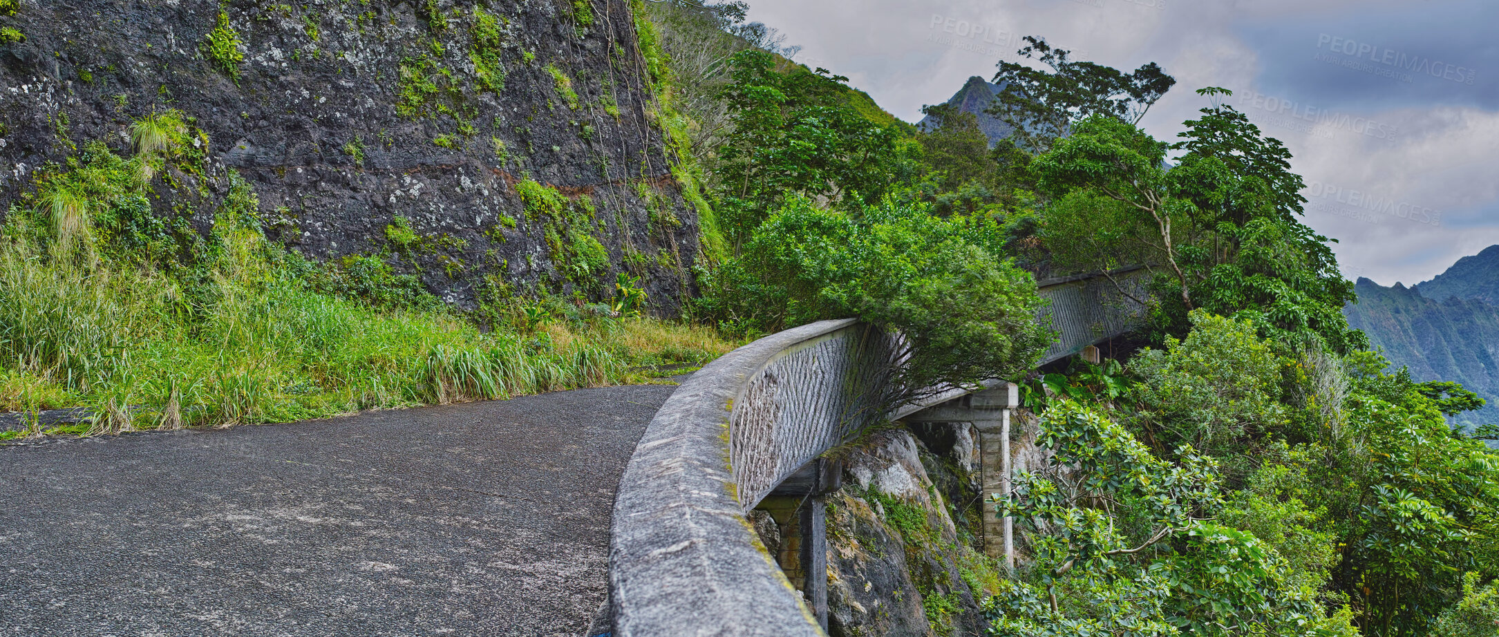 Buy stock photo Mountain, road or bridge with countryside nature for holiday vacation scenery in Sweden or forest. Background, natural or street for journey, travel or outdoor adventure with woods, trees or tourism