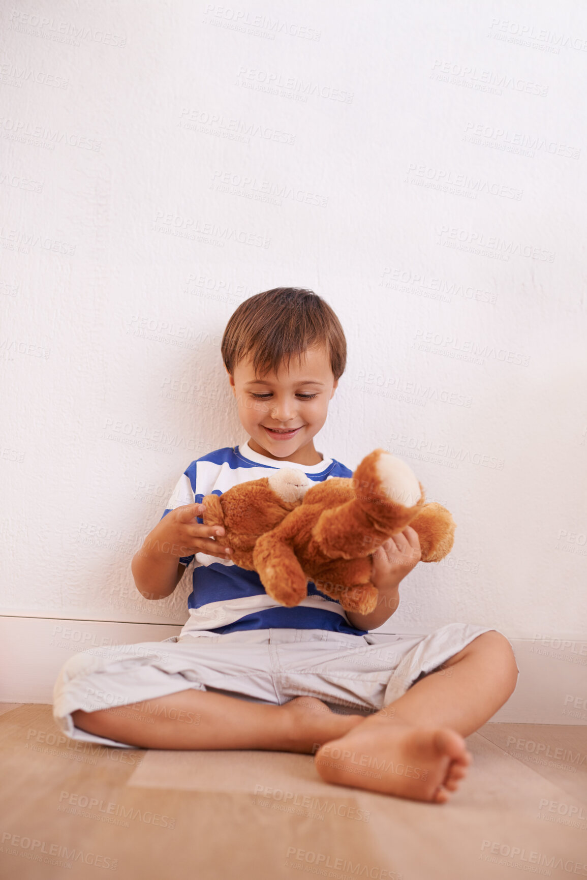 Buy stock photo Floor, smile or child with teddy bear for playing or development and growth in home in playroom. Happiness, activity and playful with a fluffy toy, young toddler kid and fun games for entertainment