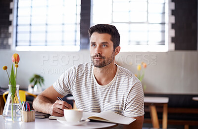 Buy stock photo Coffee, thinking and man with notebook in restaurant, cafeteria and diner for remote work. Freelance, career and person with book for planning, ideas or project with beverage, caffeine and cappuccino