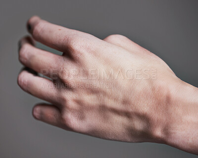 Buy stock photo Person, hands and tattoo for creative and ink for design, picture and symbol for red on closeup. Art, bold and cool for black and statement for funky, trendy and vibrant for unique, edgy and artistic