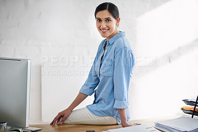 Buy stock photo Portrait, business and woman in office at house as creative director with positive, confident and computer for online marketing design. Smile, employee and designer project goal of startup company