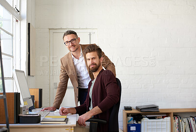 Buy stock photo Creative, portrait and men on computer in office for research, planning and ideas as web designer with manager. People, mentor and pc for teamwork, brainstorming and feedback review of project update