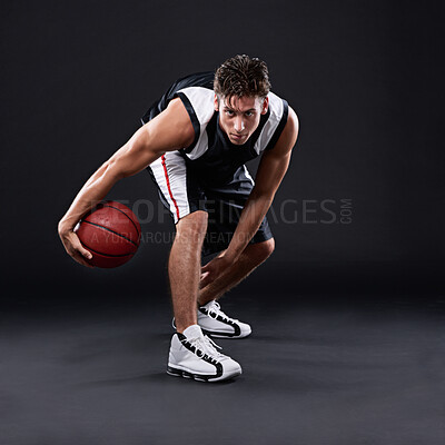 Buy stock photo Basketball, exercise and portrait of man in studio for training, workout and healthy body fitness isolated on black background. Sports, player and athlete dribble ball for competition, game or mockup