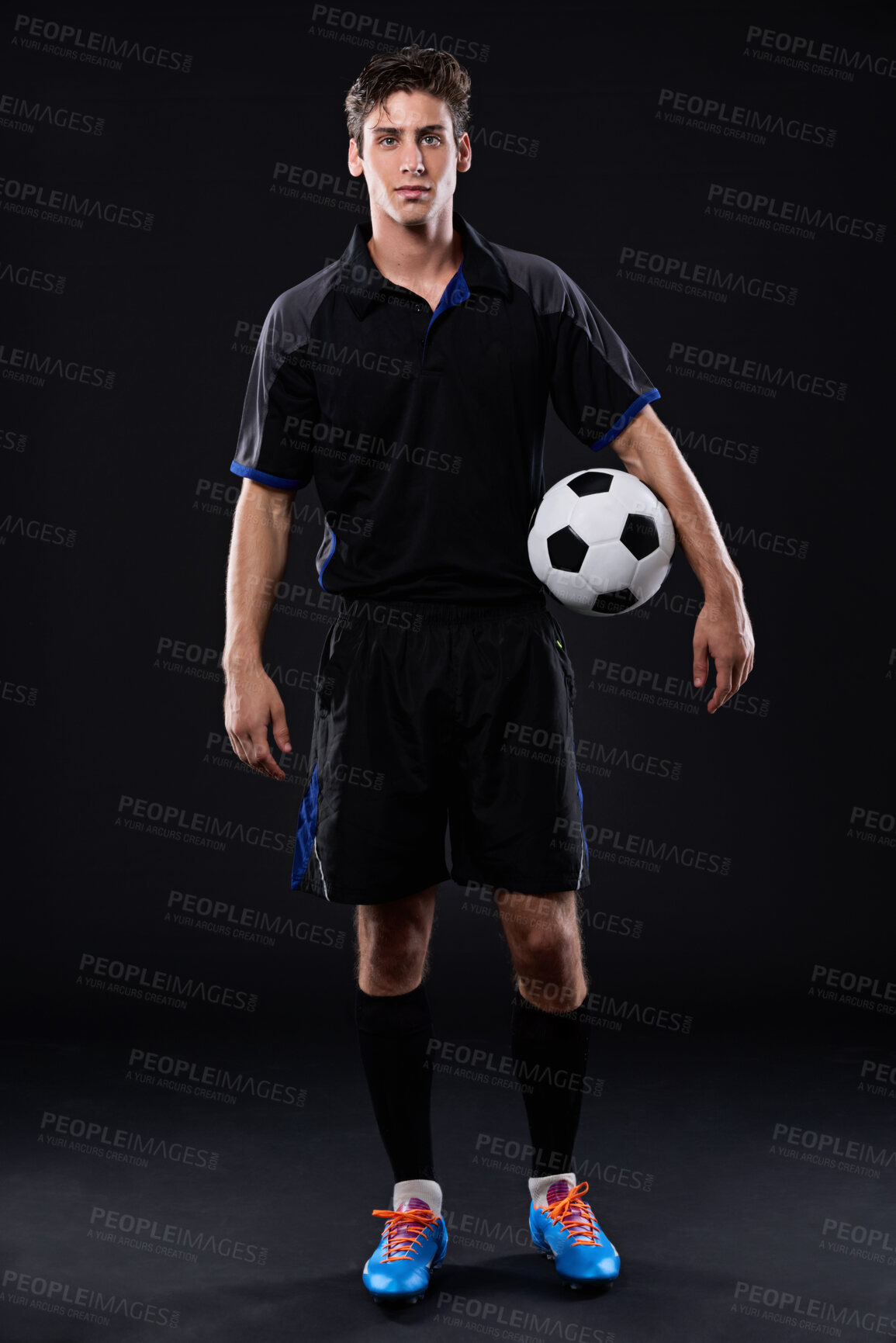 Buy stock photo Sports, soccer ball and man in portrait for fitness, training or practice as athlete or player in football. Male person, passion and game for exercise, wellness and goal on black background in studio