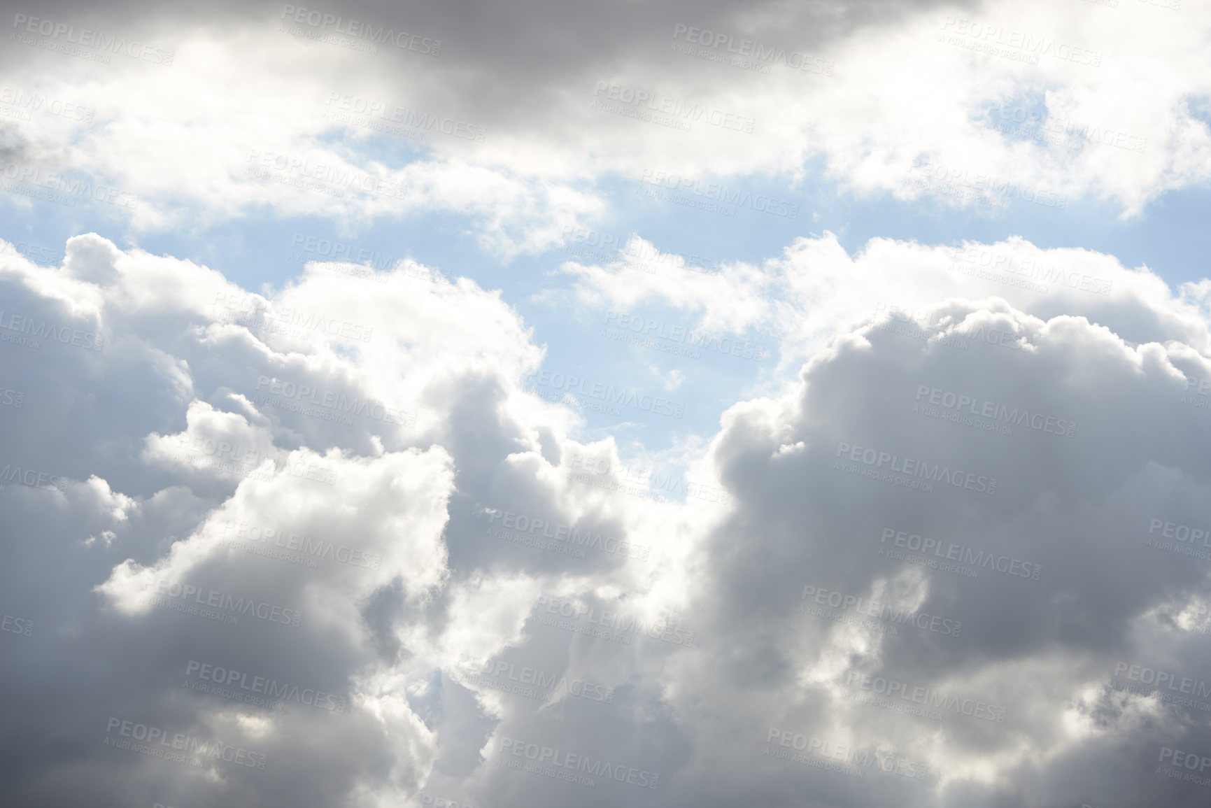 Buy stock photo Heaven, sunshine and calm blue sky with clouds, texture and warm climate with meteorology on horizon. Nature, spiritual dream and summer weather with environment, air and natural skyline in morning