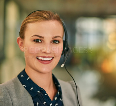 Buy stock photo Call center, headset and portrait with smile of woman in telemarketing office for assistance or help. Communication, customer service and face with happy employee in workplace for online support