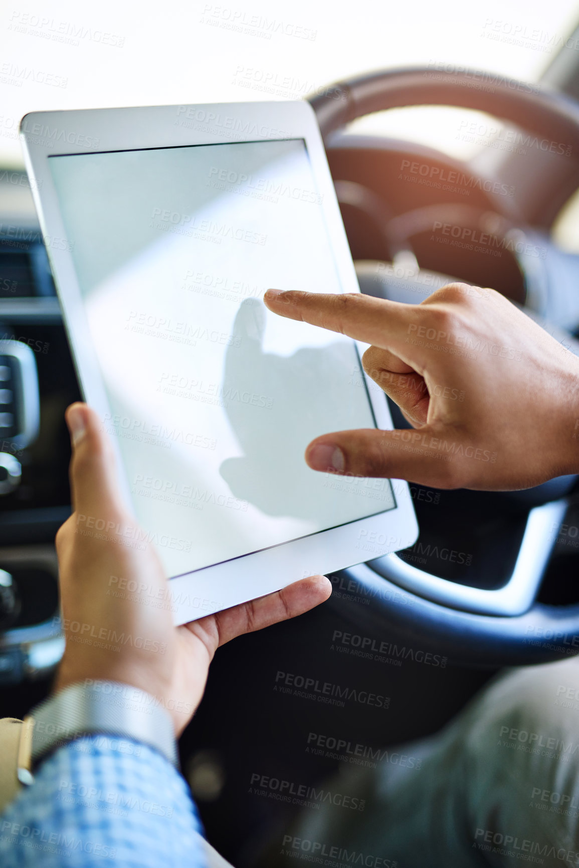 Buy stock photo Car, hands and screen of tablet for navigation, location direction and road trip with tech. Mockup, vehicle and driver with digital app for traffic information, map search and gps track for driving