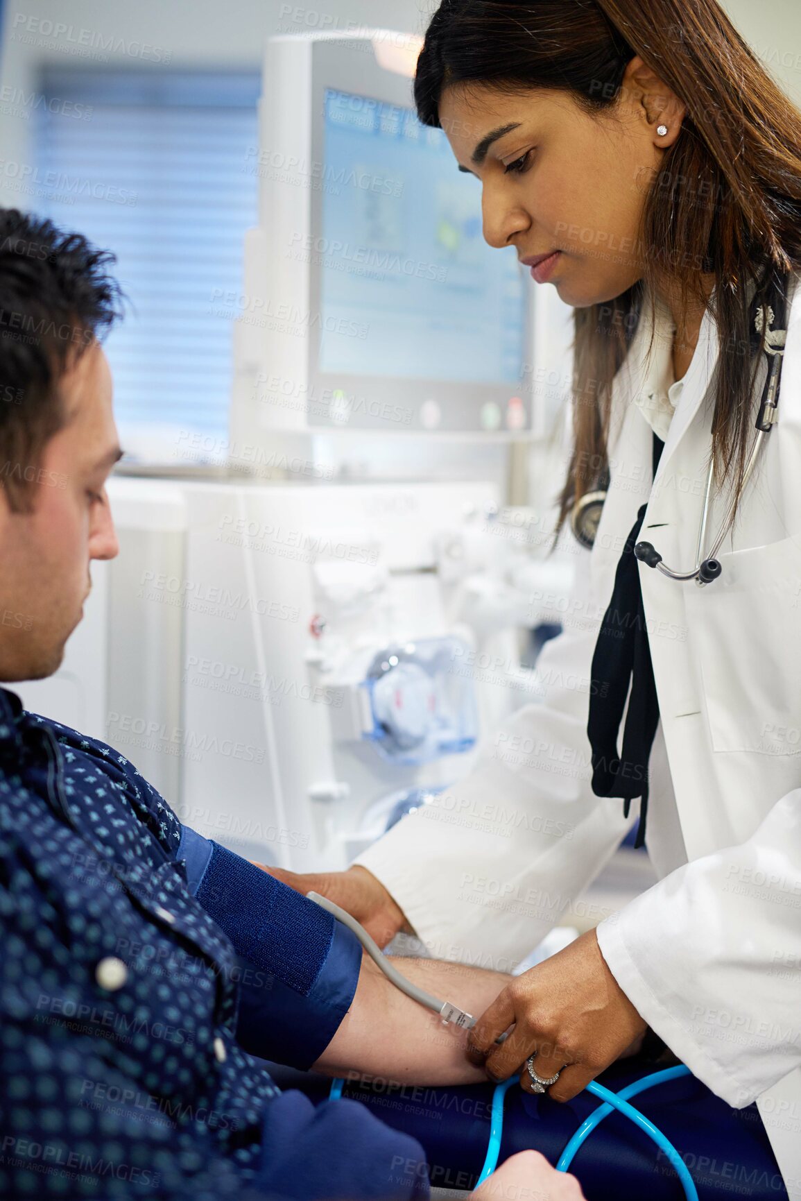 Buy stock photo Blood pressure, consultation and doctor with man in hospital for heart attack symptoms. Medical, hypertension and healthcare worker with patient for checkup with machine for pulse test in clinic.